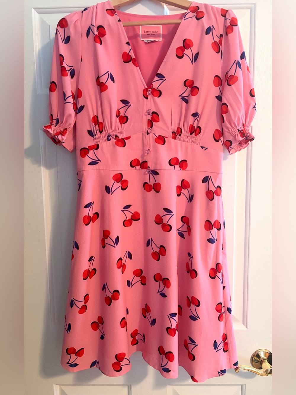 kate spade Pink and Red Floral Cherry Print V-Neck Dress